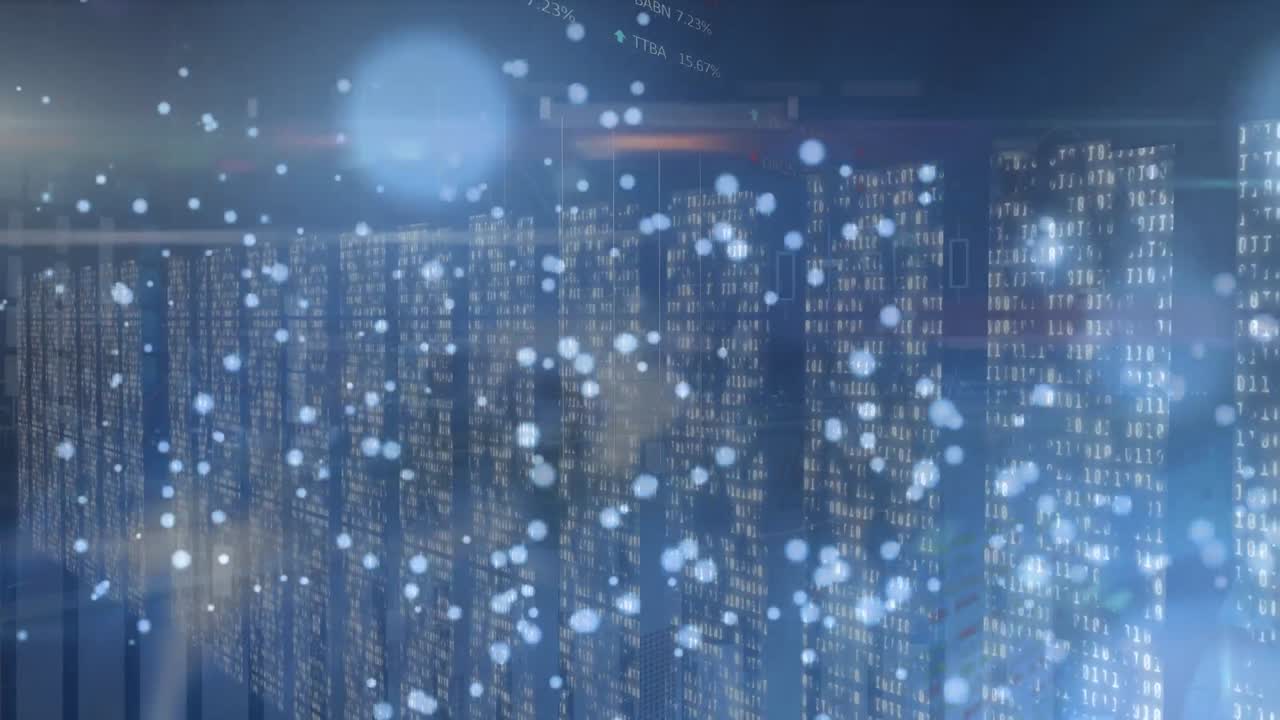 데이터 처리 및 검은색 배경에 빛의 점의 애니메이션