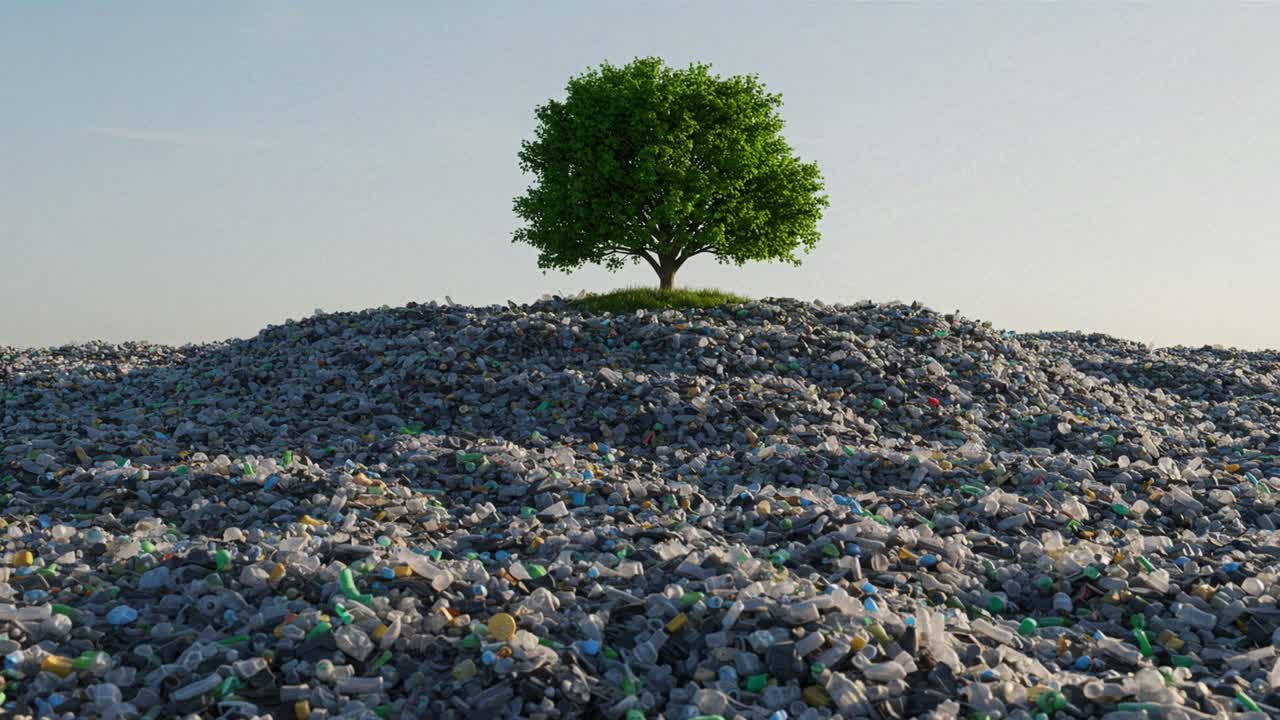 A solitary tree rises above a vast expanse of plastic debris in an abandoned landfill. The striking contrast highlights environmental issues and the urgent need for sustainable practices.