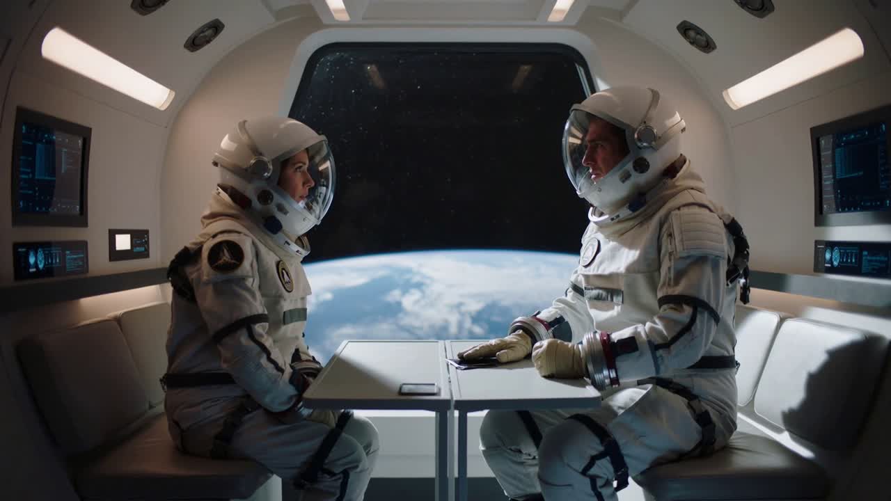 Käsiä nostavat kaksi astronauttia valkoisissa puvuissa keskustelevat tehtävästä hyttipöydän ääressä ohuen laitteen kanssa.