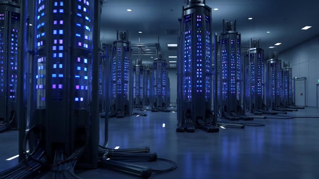 Futuristic Data Center with Glowing Server Racks and Blue Lights