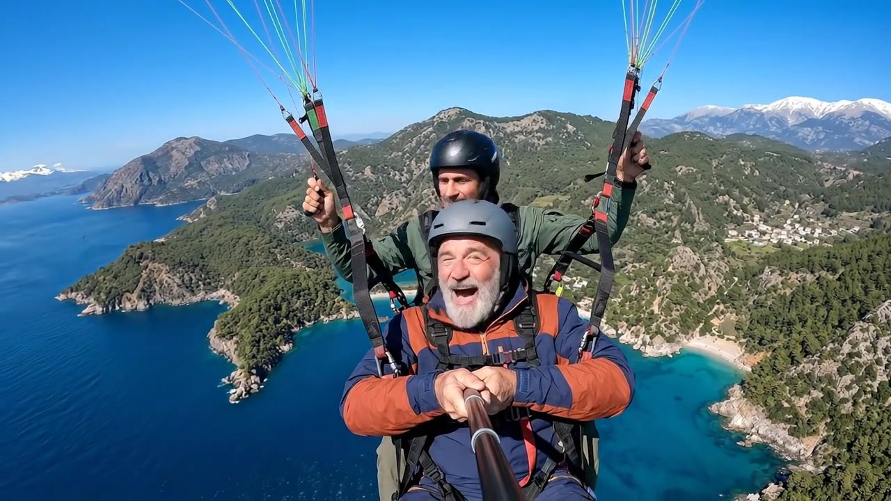 Uomo anziano che si gode il parapendio in tandem su un paesaggio costiero