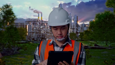 industrial worker using a tablet in a modern plant