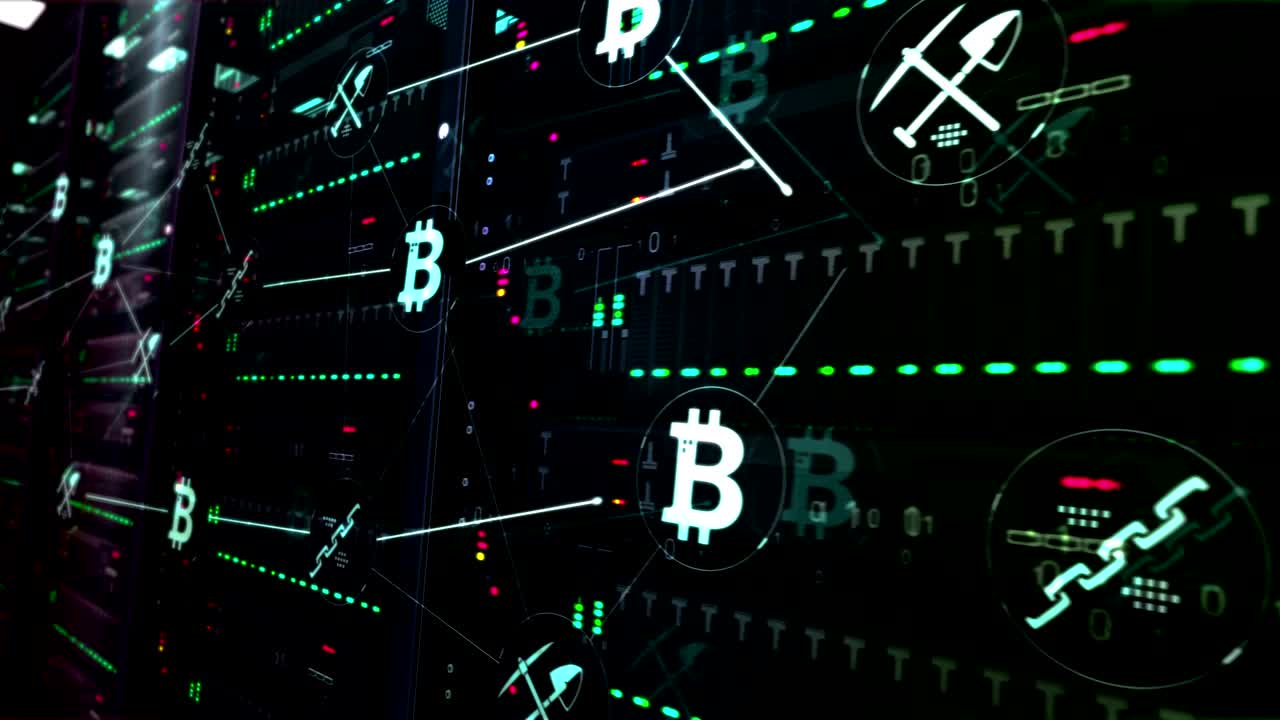 minería de bitcoin en la sala de servidores en el bucle de fondo