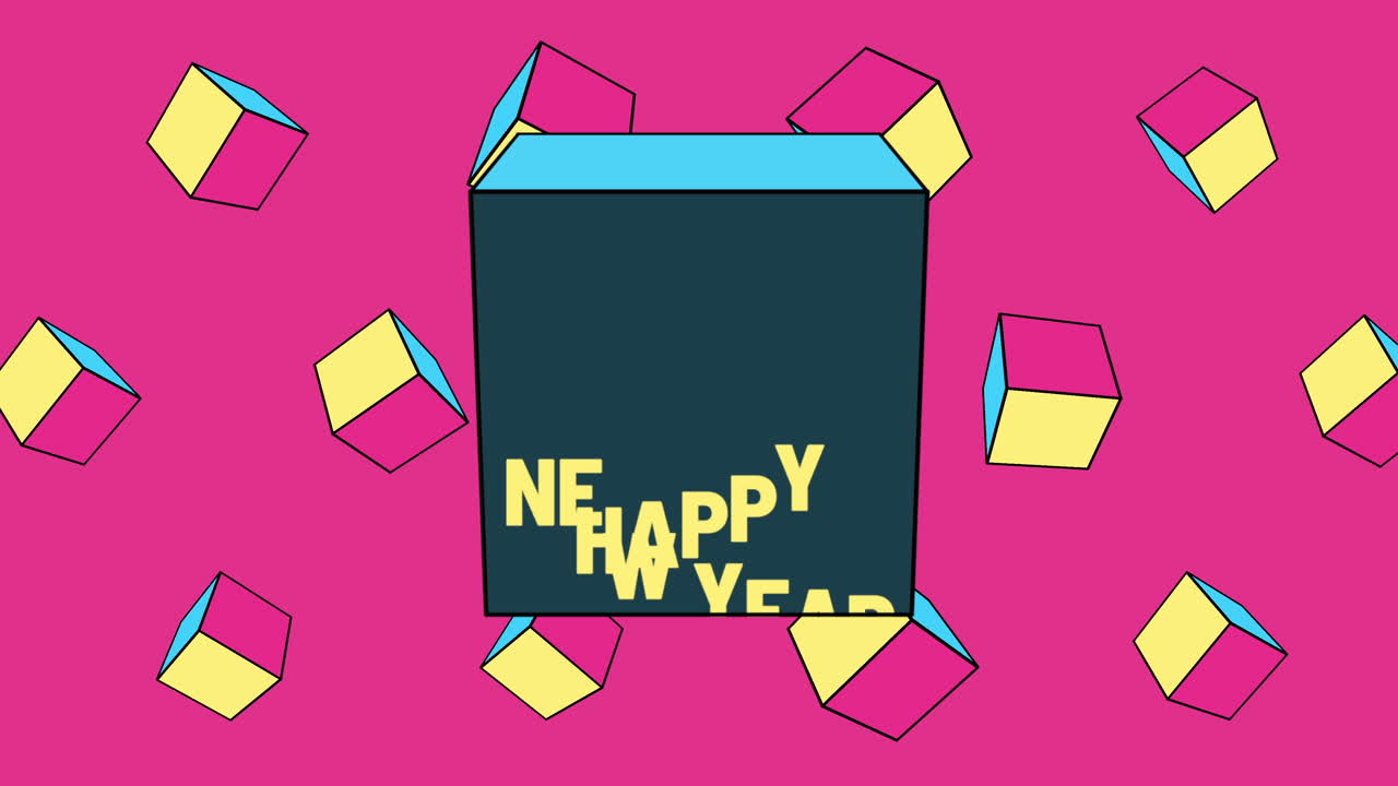 Happy New Year text with memphis abstract geometric pattern