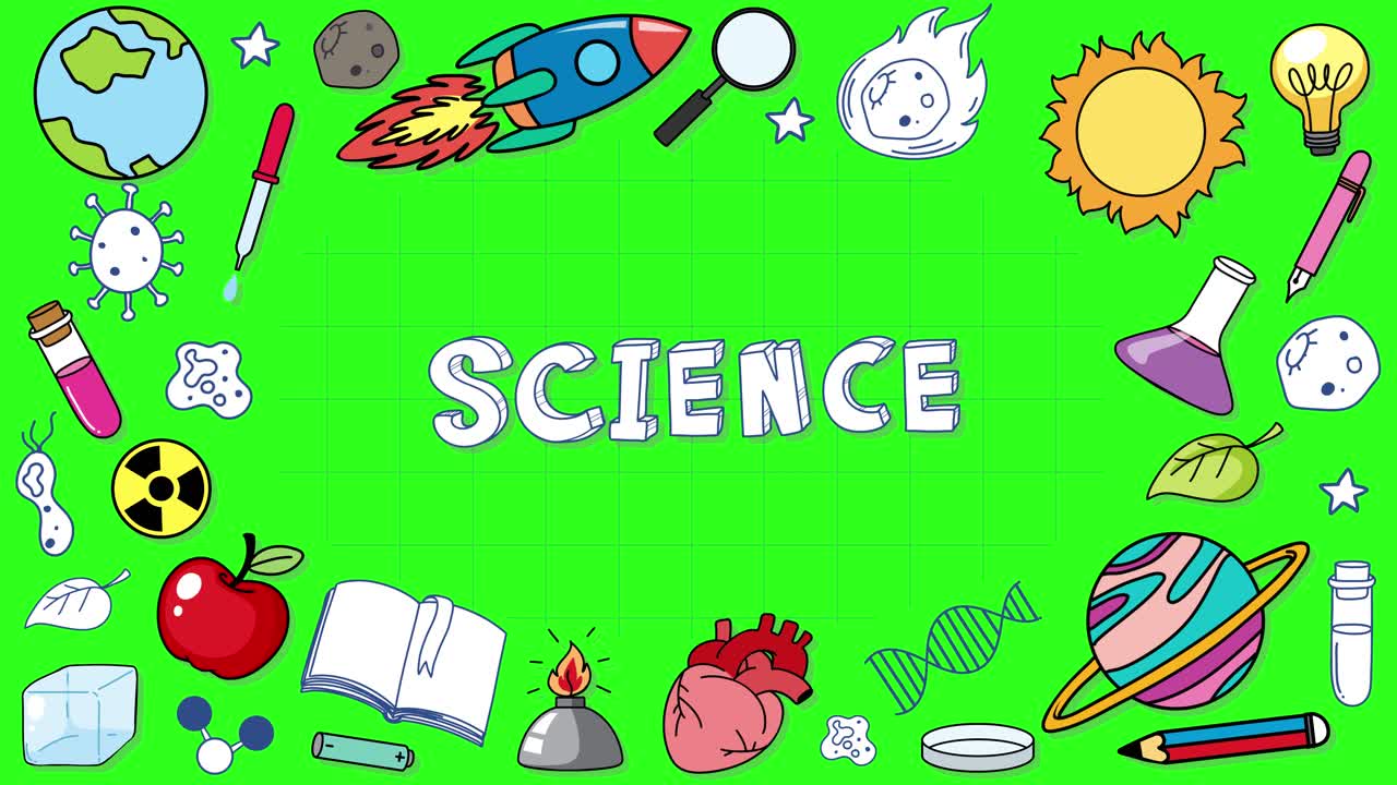 Hand-drawn science-themed icons animate onto a bright green background, surrounding the word 'SCIENCE' in playful white font. Smooth transitions, flat style