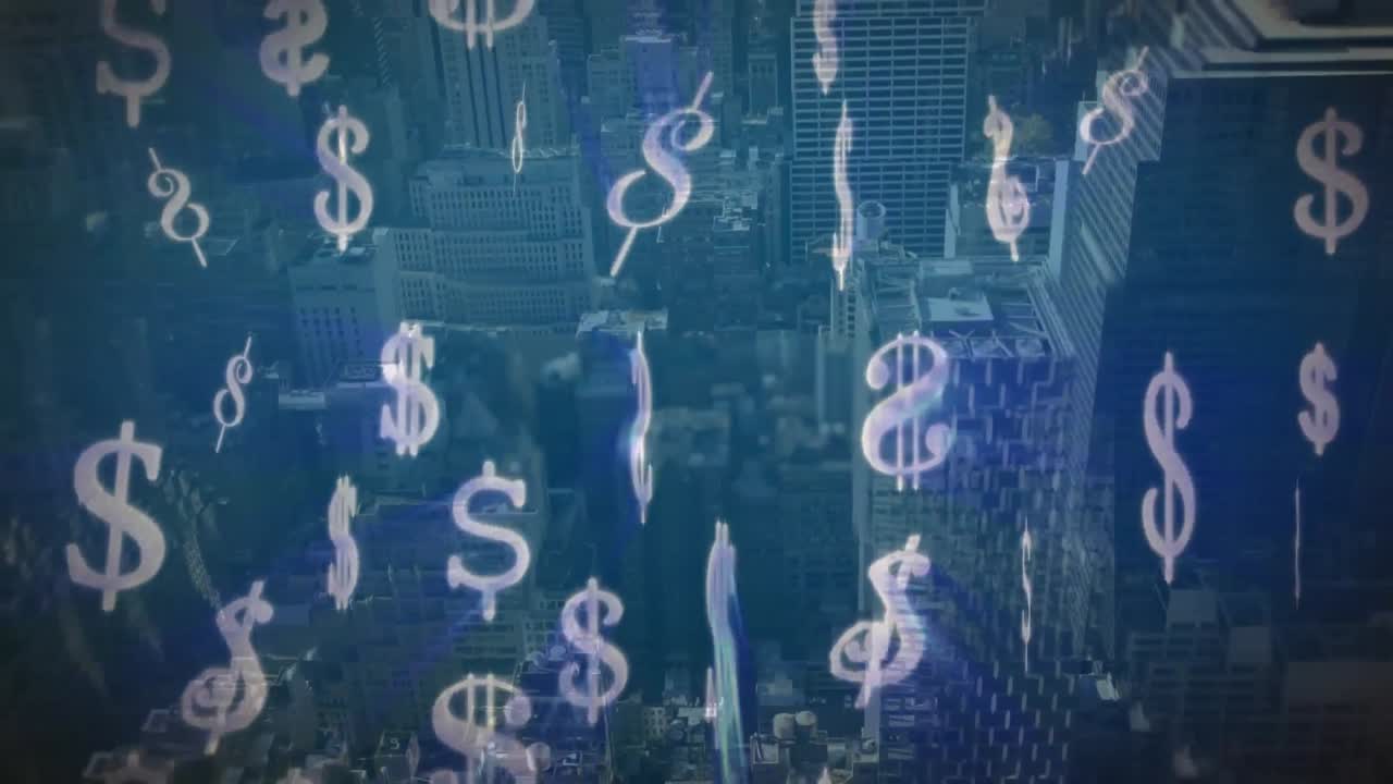 도시 배경 에 떨어지는 달러 기호 들