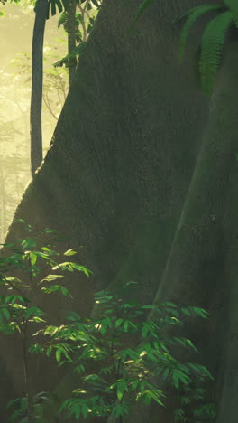 los rayos de sol brillan a través de una densa selva tropical