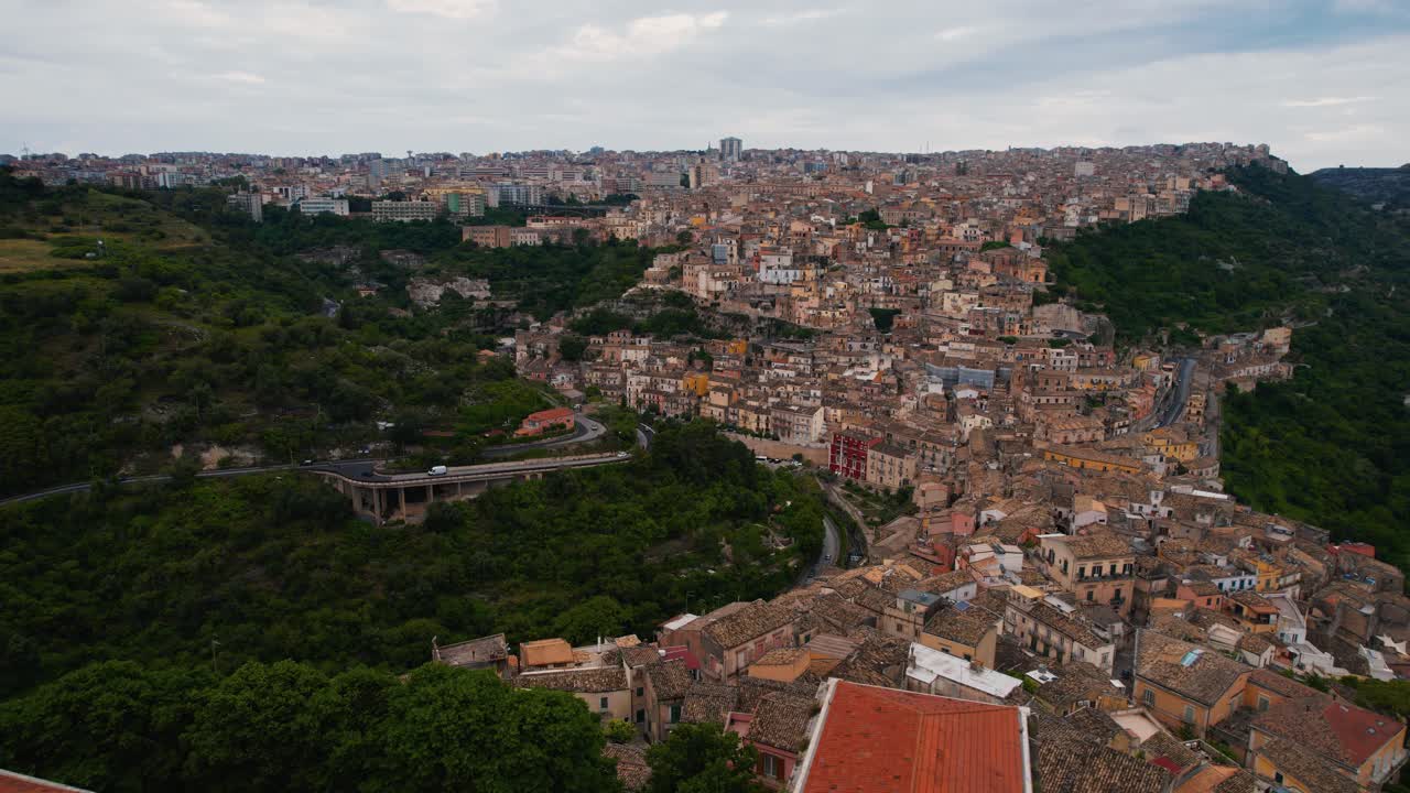 Ragusa Ibla cathedral square, Sicily, Italy. Historic old town buildings, narrow alleys. Scenic aerial