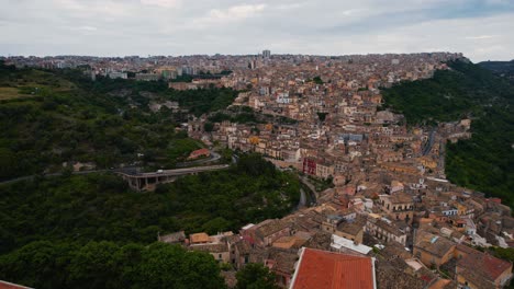 Ragusa Ibla cathedral square, Sicily, Italy. Historic old town buildings, narrow alleys. Scenic aerial