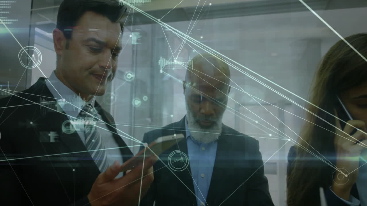 Animation of network of connections data processing over diverse business people