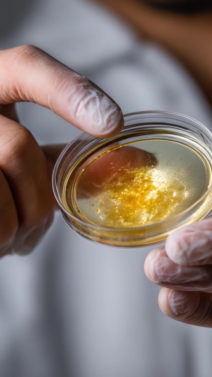 Un primo piano della mano di uno scienziato che tiene una capsula di Petri riempita con una sostanza liquida dorata, che ne mostra la consistenza e la trasparenza in condizioni di illuminazione calda.