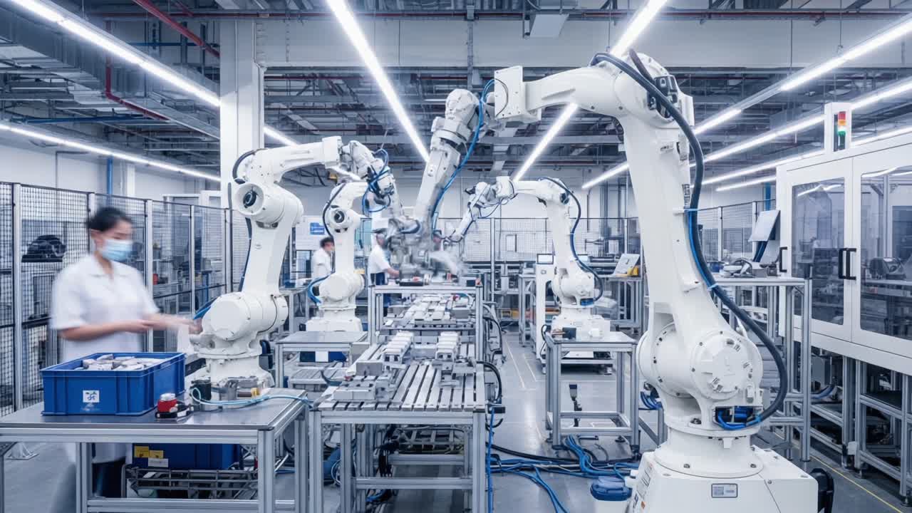 Automation in Action: A Futuristic Manufacturing Environment Showcasing Advanced Robotics Working Seamlessly Alongside Human Operators in a High-Tech Facility