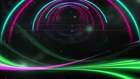 Animación-De-Un-Túnel-Curvo-Iluminado-De-Color-Rosa-Y-Azul-Y-Un-Patrón-De-Onda-En-El-Espacio