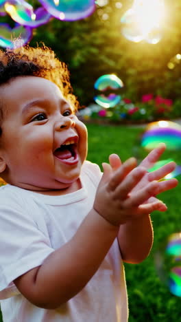 joyful baby laughing and playing with bubbles outdoors