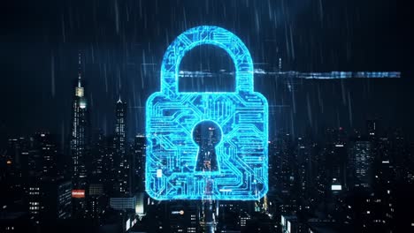 a vivid representation of cybersecurity: protecting digital landscapes with a futuristic lock symbol over a drenched urban skyline at night