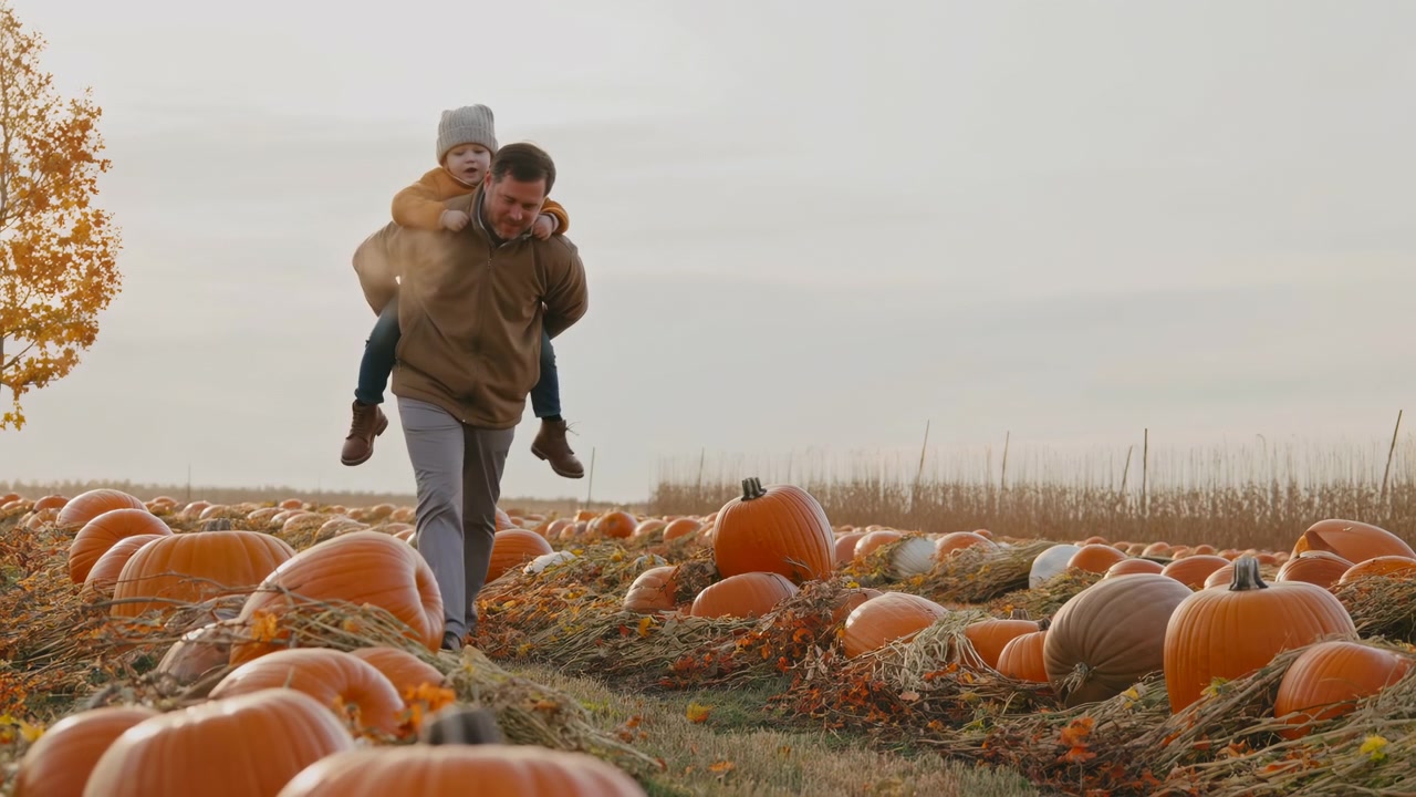 Adulto lleva a niño sobre los hombros por un sendero entre calabazas en un amplio campo de otoño, con gorro de lana, chaqueta naranja, hierbas secas, hojas caídas, luz natural suave, tranquila salida familiar, cosecha rústica.