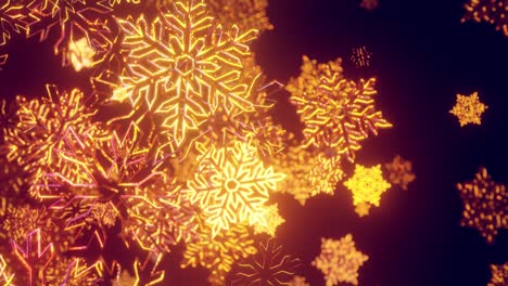 3d fondo de navidad dorado con bokeh y profundidad de campo de juguetes brillantes copos de nieve colgando en el aire hermosamente brillantes lentamente balanceándose y brillando en la luz. hermoso 3d para el año nuevo en 4k