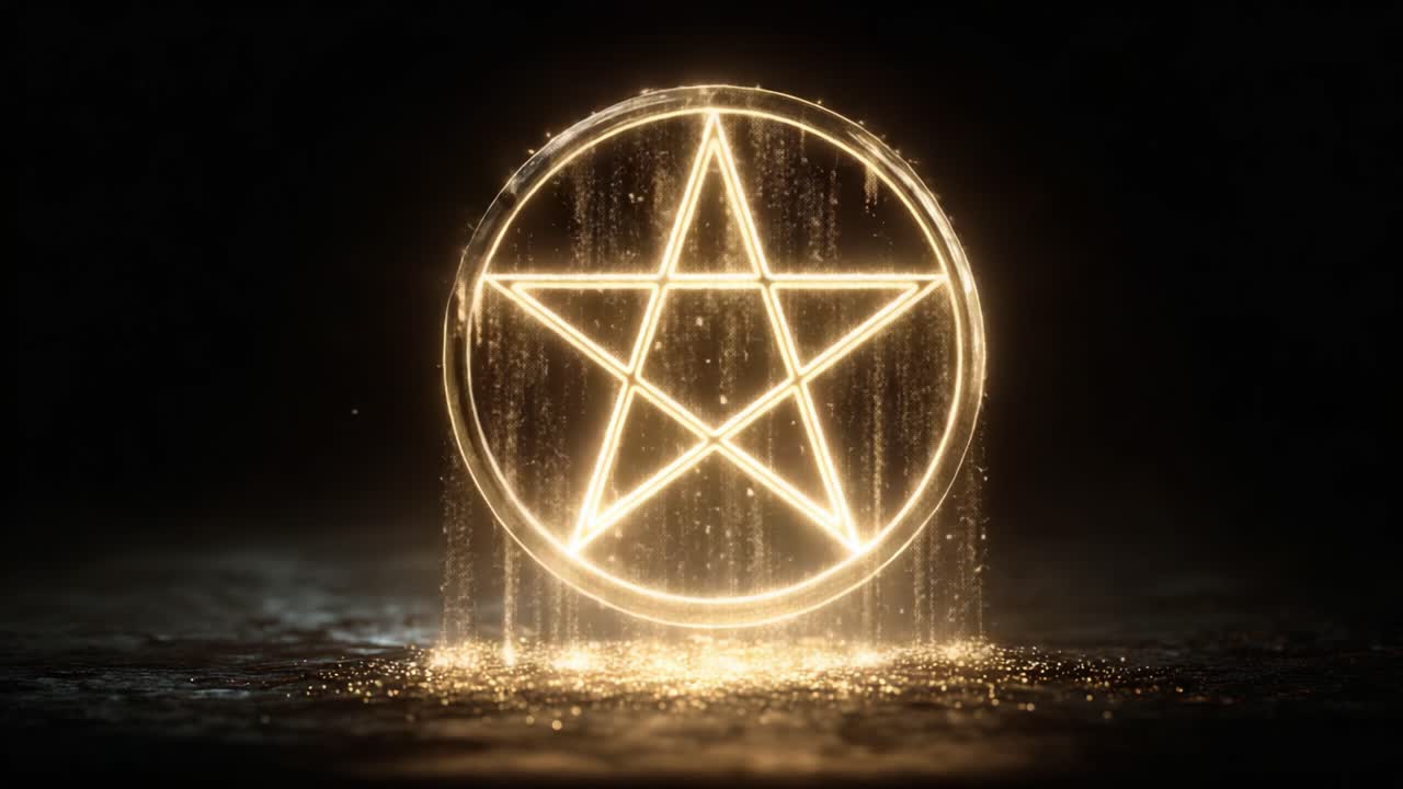 Fascinující zobrazení třpytivých zlatých částic vytváří pentagram uvnitř kruhu, čímž vzniká okouzlující vizuál mystické energie a světla v temném prostředí.