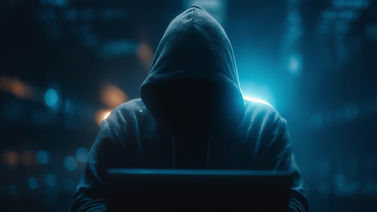 En Mystisk Skikkelse Indhyllet i Skygger og en Hætte, Engageret i Spændende Digital Aktivitet Bag en Bærbar Computer i et Mørkt, Stemningsfuldt Miljø