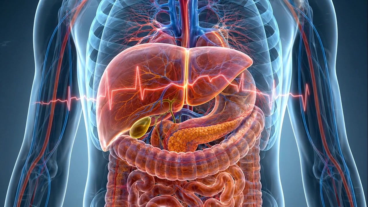 Transparent human torso showing liver stomach and intestinal organs in clinical render