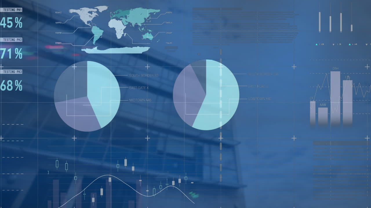 Animation of financial data processing over modern building