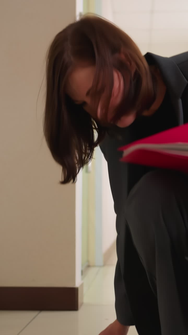 Businesswoman walking down office corridor, reviewing documents in folder, professional attire, modern office, focused on task, corporate environment, businesswoman reading papers