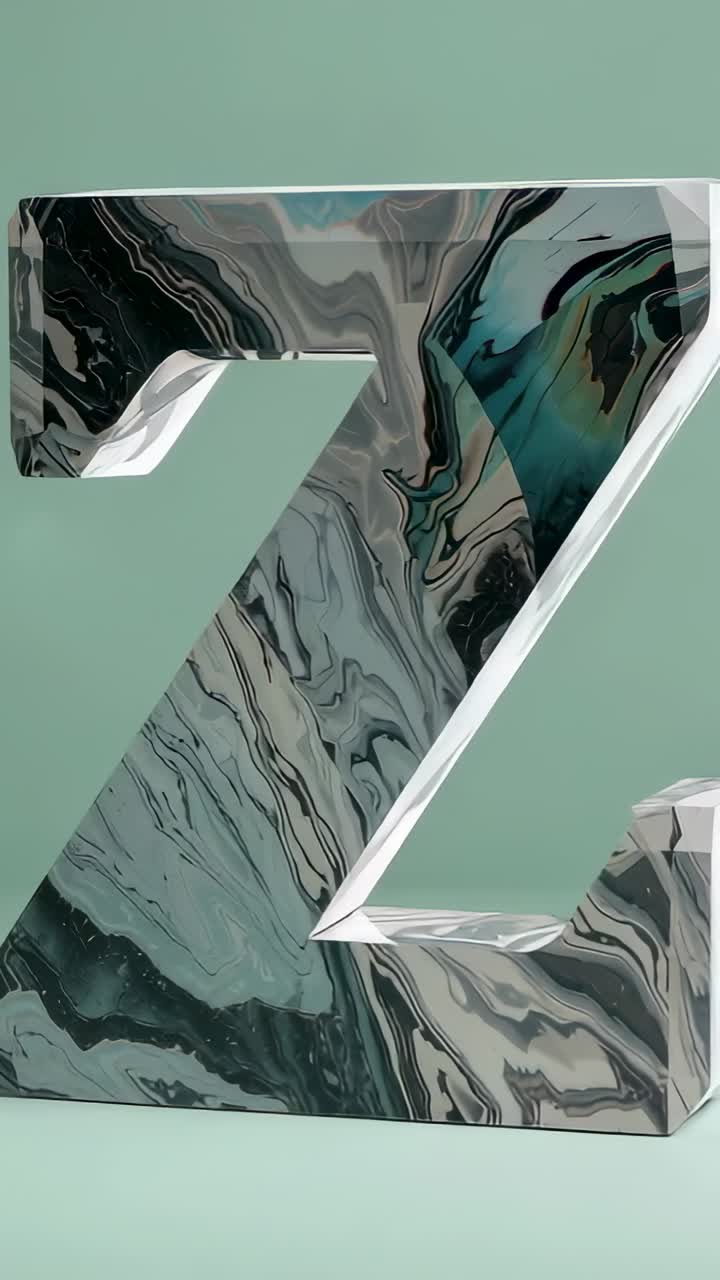 Vertical video: Opening 3D marbled letter Z rotating in mint-green studio, revealing marble veins
