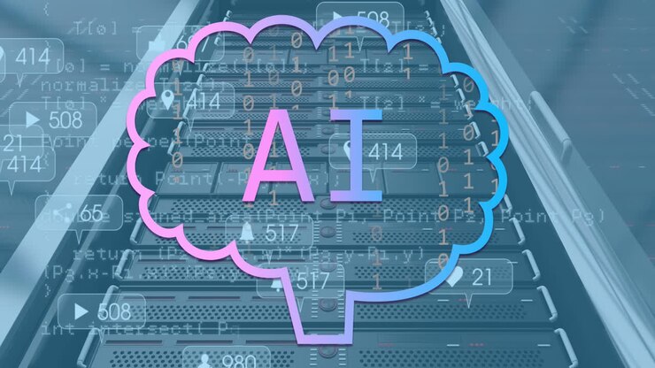 Animation of ai data processing with icons and computer server