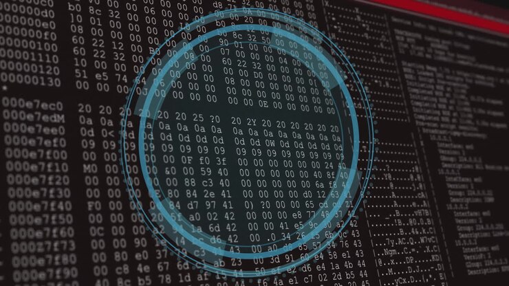 Animation of shield icon and digital data processing over computer servers