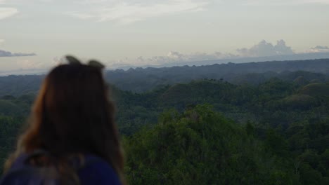 woman gazing at tropical forest landscape during sunrise, back to camera, tranquil scene