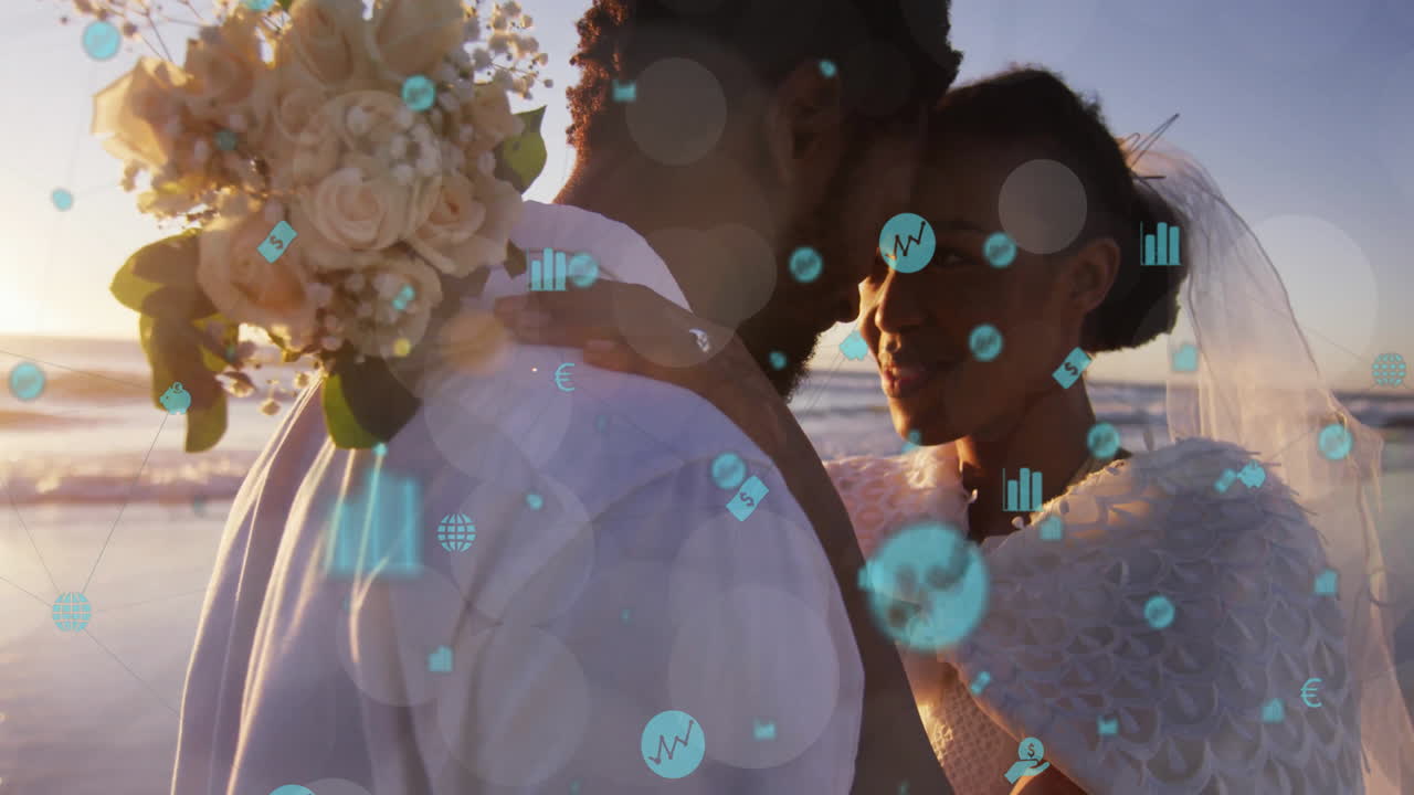 Couple embracing on beach with digital data processing animation over them