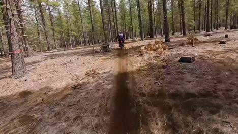 drone de carrera de cerca siguiendo a un motociclista masculino a través de los árboles, 60fps