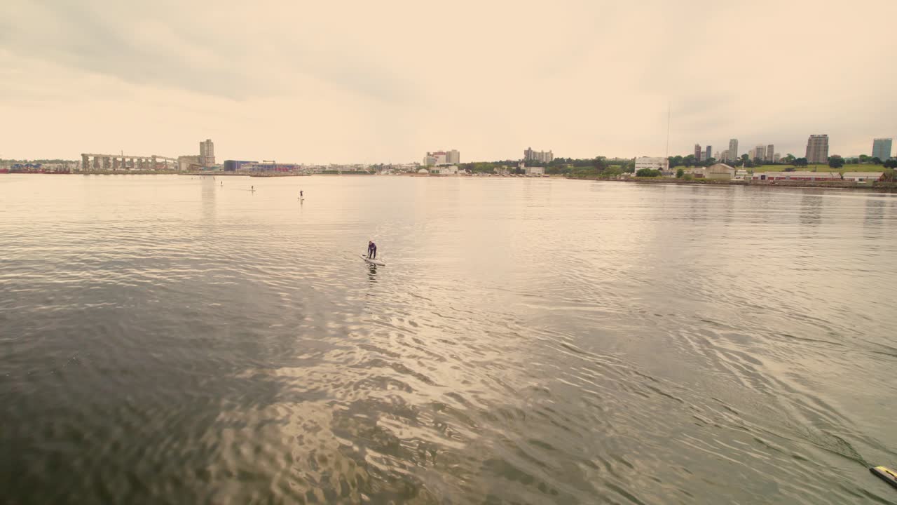 Aerial over Nautic Club Paddle Boarders in Mar del Plata Port, Argentina