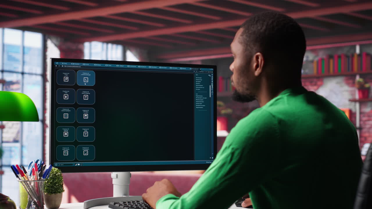 Black male freelancer at home uses AI chatbot for task completion