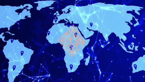 animación del código qr, las conexiones y el procesamiento de datos digitales sobre el mapa del mundo