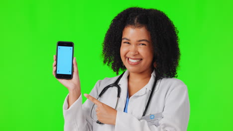 Pointing,-woman-and-doctor-with-phone-on-green