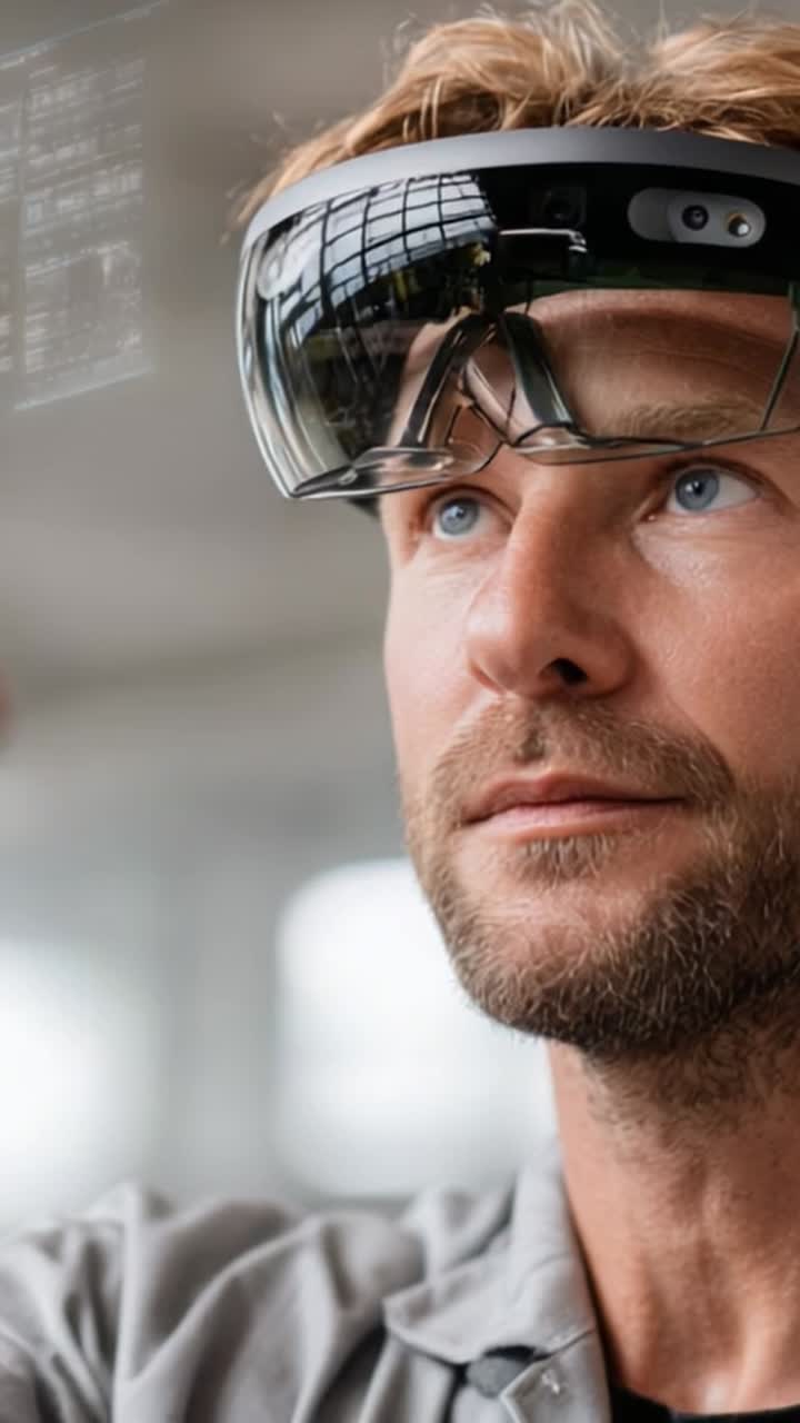 Augmented Reality Experience: A Focused Individual Engaging with Technology Through Smart Glasses, Visualizing Data and Enhancing Perception of Surroundings