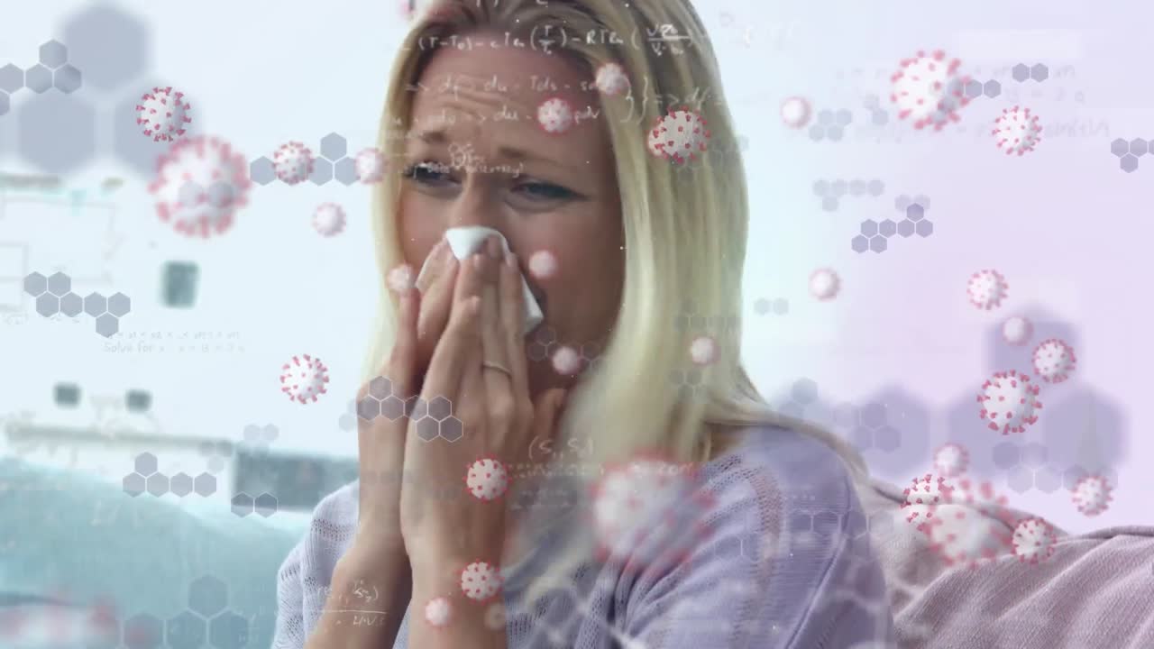 анимация макроковид-19 клеток, плавающих над кавказской женщиной, чихающей