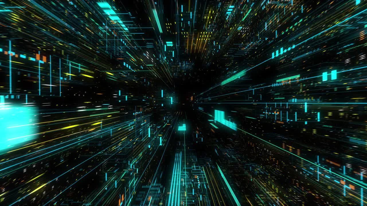 AI artificial intelligence and ML machine learning abstract concept, CPU GPU computing core with information streams. Data deep learning computer machine. Seamless loop, 3D render g