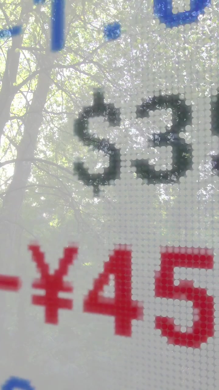 Vertical video: Camera panning dot-matrix panel, showing colored digits with trees, showing markets