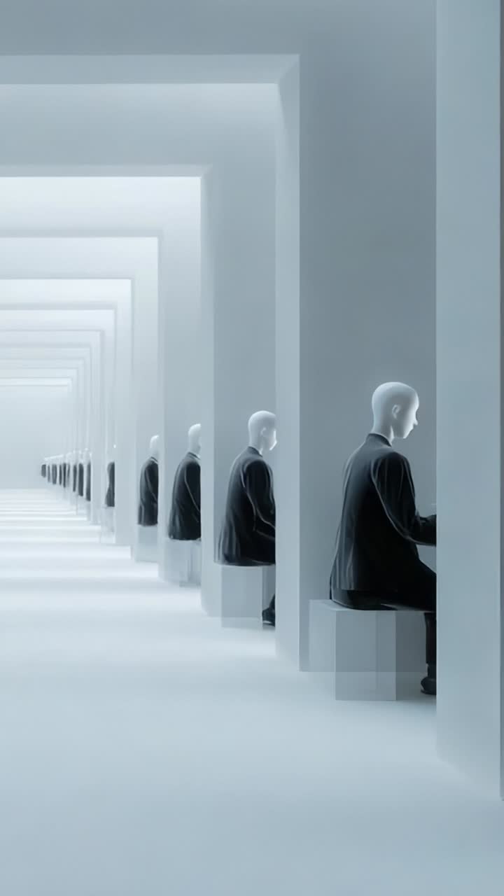 A Futuristic Scene of Mannequins Sitting at Desks in a Minimalist White Environment, Creating an Endless Visual Effect of Reflection and Isolation