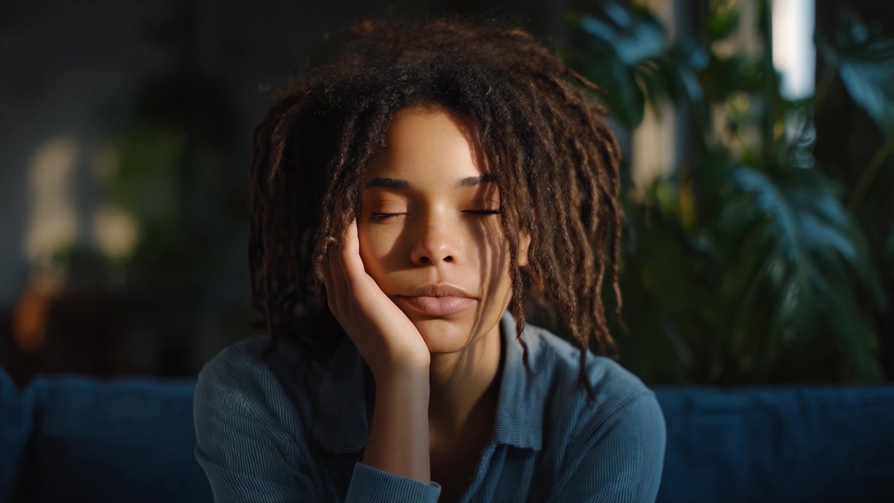 A contemplative young woman with dreadlocks sits in a cozy room, reflecting on her thoughts with a serene expression and natural sunlight illuminating her face.