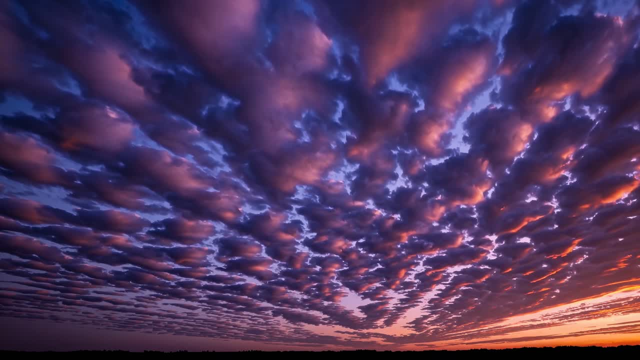 Dramatic low-angle video shot of a vibrant sunset sky with textured clouds, creating a dynamic