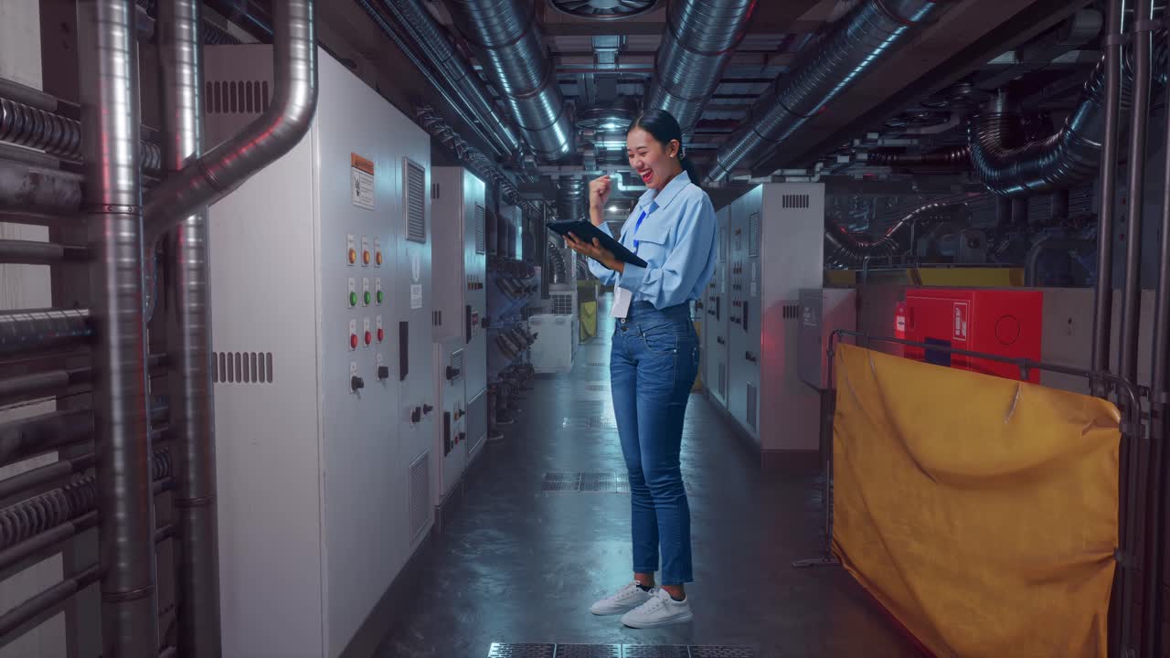 Full Body Side View Of An Asian Female Professional Worker Standing With Her Tablet In Engine Control Room, She Raises Her Fist Up With Screaming Goal