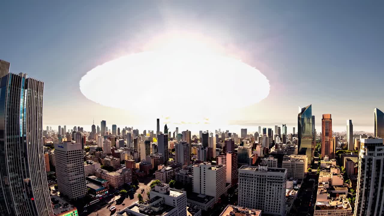 거대한 버섯 구름이 도시 지평선에서 상승하여 초고층 건물을 쓸고 파괴적인 핵 폭발로 광범위한 파괴와 종말적 혼란을 퍼뜨립니다.