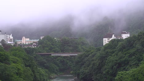 在日本托奇吉省尼科市的kinugawa onsen,山谷和河流的雾天