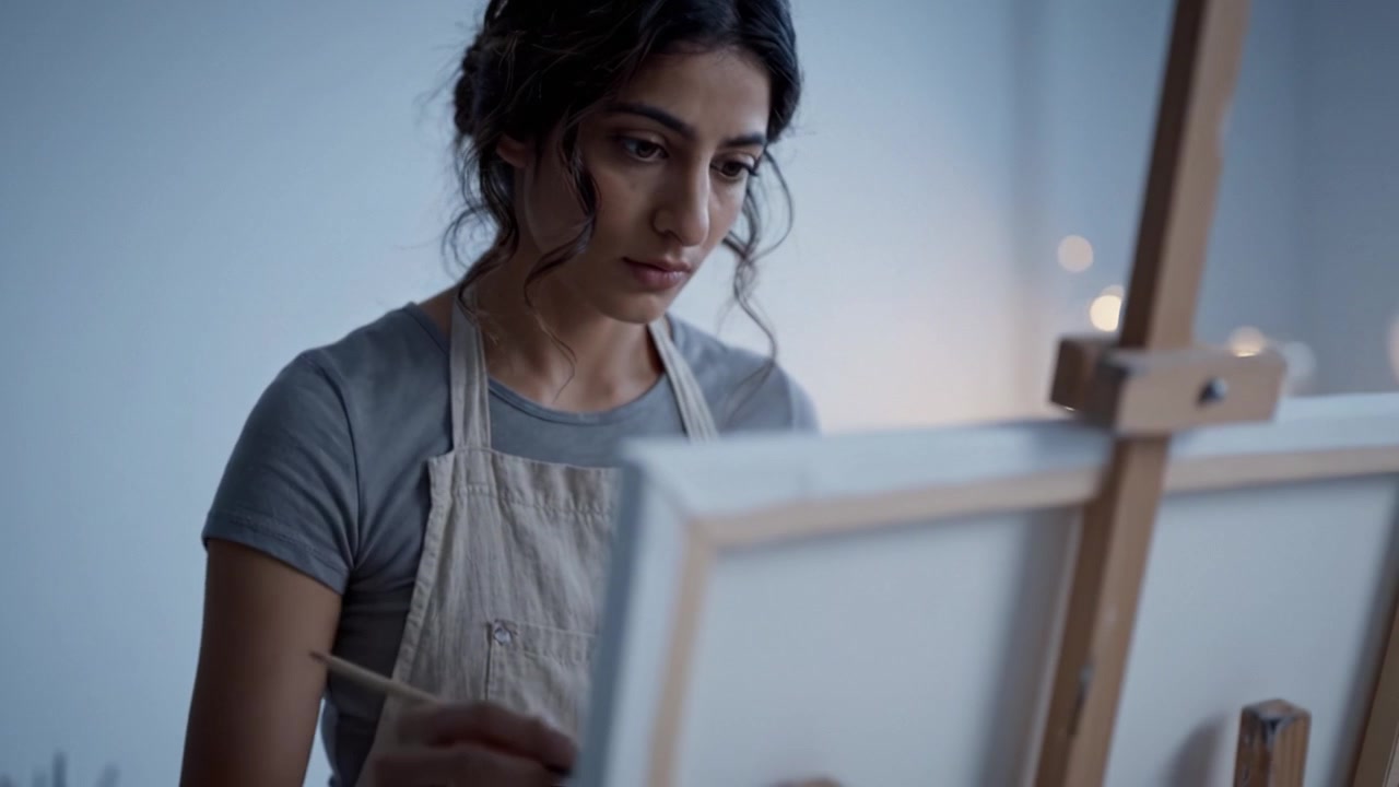 Un'artista dedicata si concentra sulla sua tela, catturando l'essenza della creatività e della passione mentre dipinge in uno studio accogliente e invitante, pieno di ispirazione.