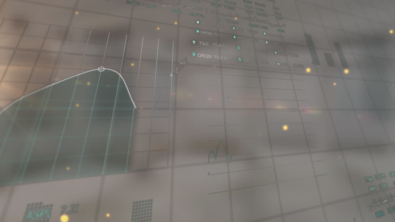 animación de manchas amarillas que flotan sobre el procesamiento de datos estadísticos contra un fondo gris.