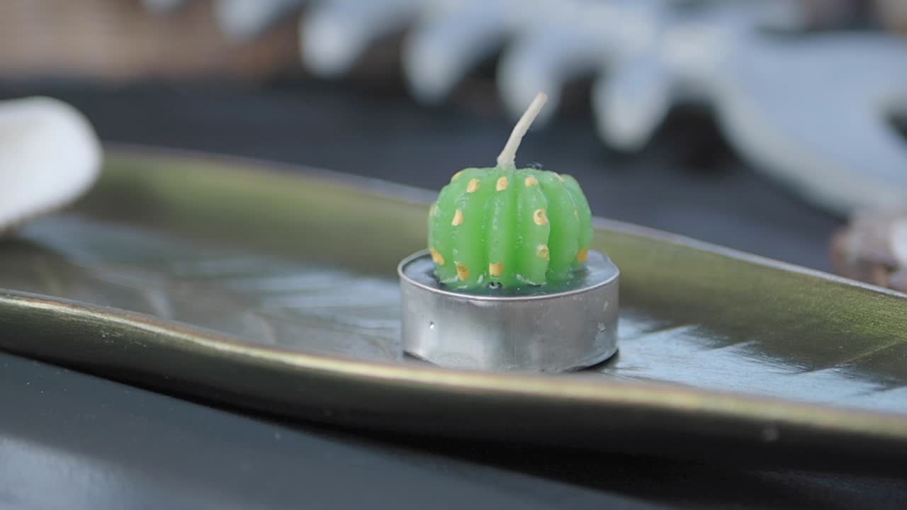 Cactus-shaped Green Candle on a Golden Tray