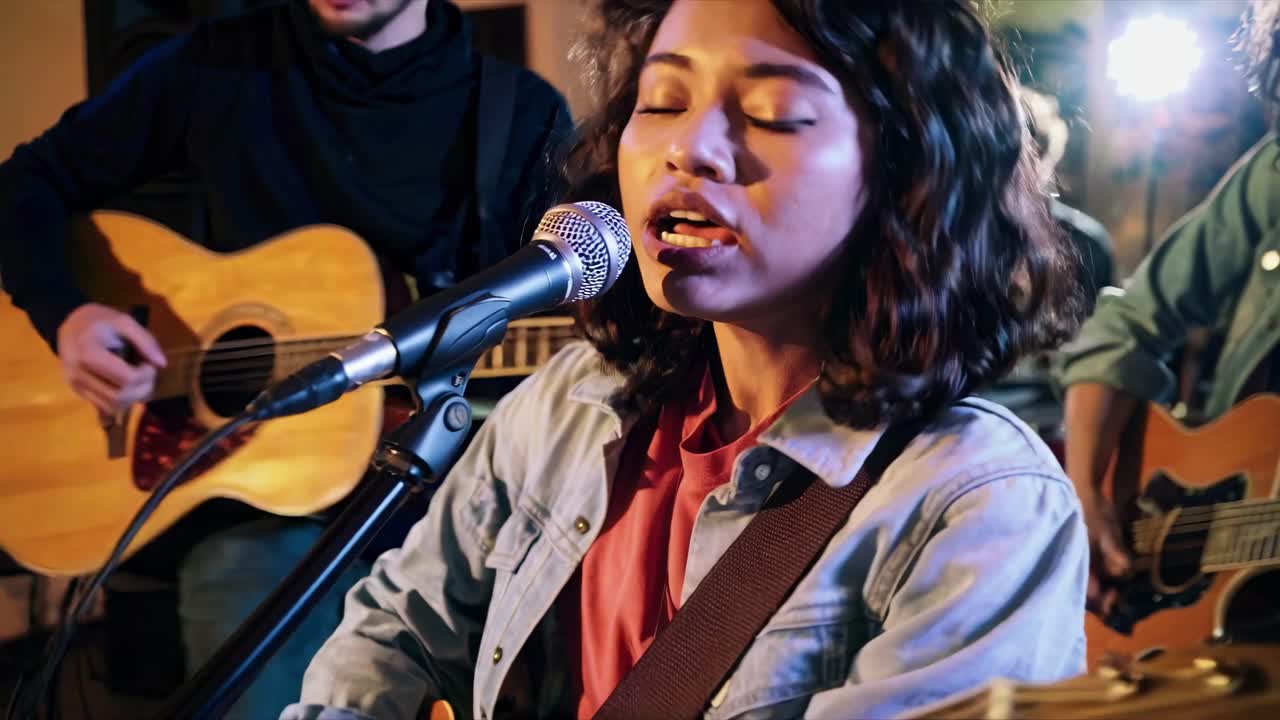 Close-up video of a woman singing into a microphone, with a band playing in the background